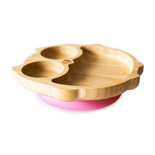 Baglyos, bambuszból készült tapadókorongos tányér - rózsaszín